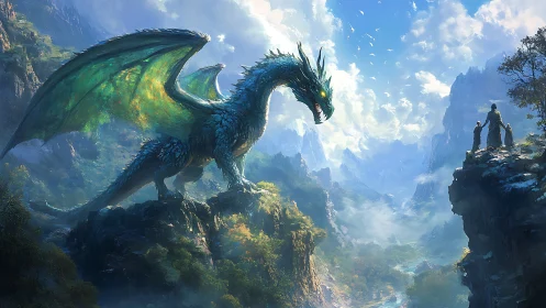 Green dragon facing three humans across mountain chasm.