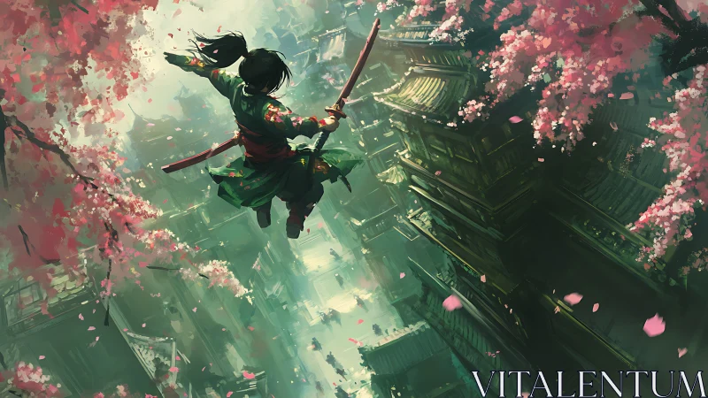 Skyward ronin somersaults through cherry blossom canyons