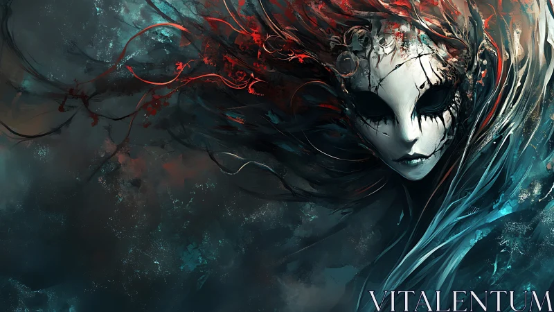 Haunting masked spirit drifts within swirling red and teal storm