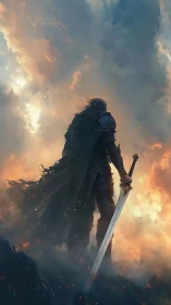 Armored figure stands with sword against dense storm clouds