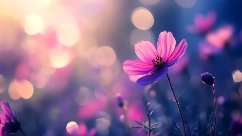 Macro cosmos flower rendered with shallow depth and bokeh highlights