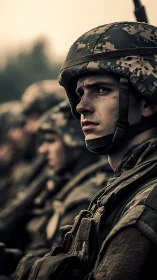 Soldier in modern camouflage gear among aligned troops.