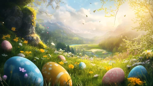 Backlit alpine meadow with decorated Easter eggs and haze depth