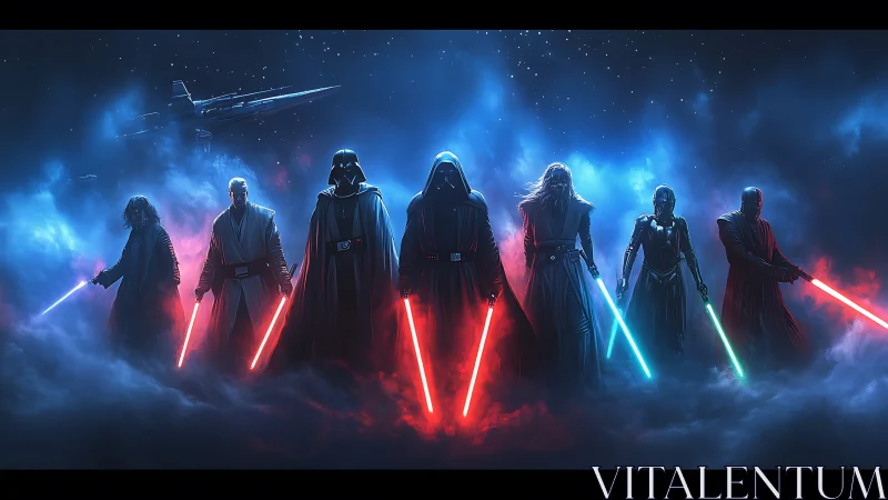 Sith warriors align in cinematic nebula lightscape with sabers drawn