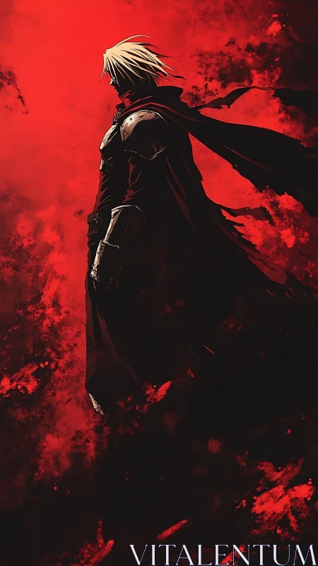 Solitary armored warrior silhouette contrasts against red atmospheric field