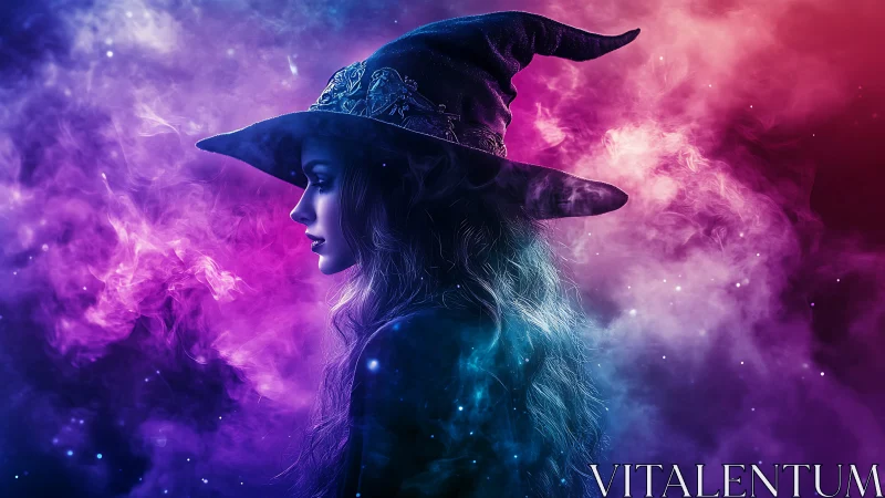 Mystic sorceress profile in neon cosmic vapor clouds.