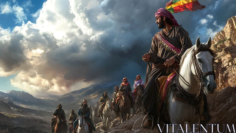 Desert riders advance under stormlit skies with quiet resolve