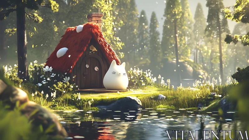Gentle forest creature rests by a cozy riverside cottage