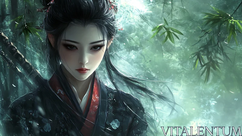 Samurai swordswoman in misted bamboo forest, digital painting