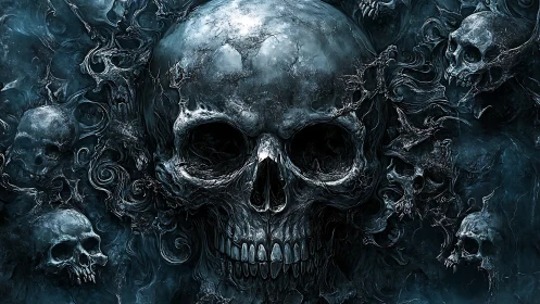 Monochrome necrotic skull cluster rendered in hyper-detailed relief
