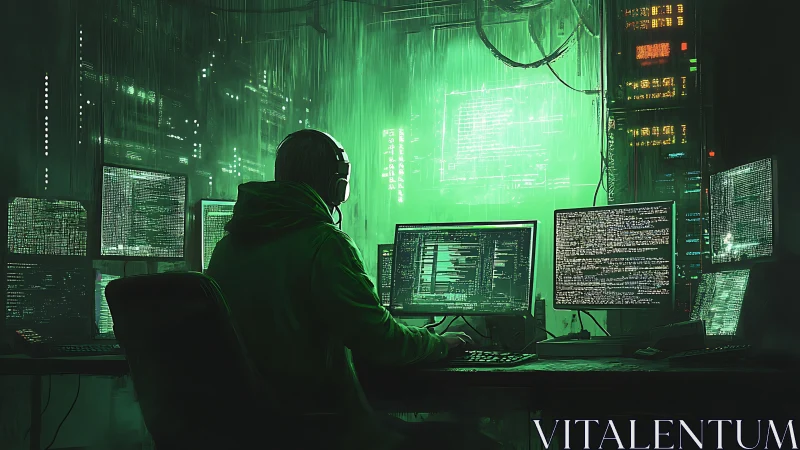 Midnight coder adrift in neon green datastreams of code.