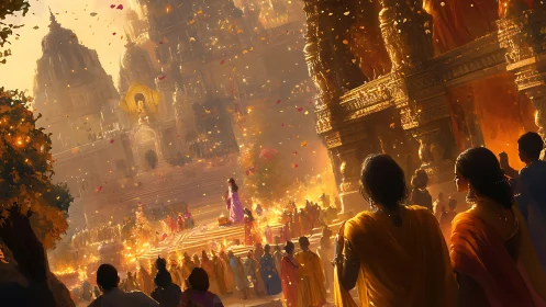 Crowd moves toward illuminated temple complex in evening light