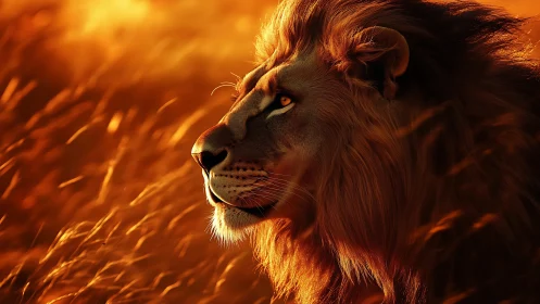 Lion profile in warm backlight shows detailed mane texture