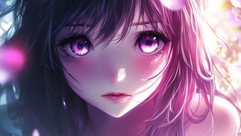 High-detail anime portrait renders luminous violet irised eyes