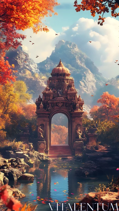 Temple gateway mirrored in tranquil autumn river valley.