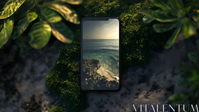 Calm ocean sunset glows on a phone amid lush green moss