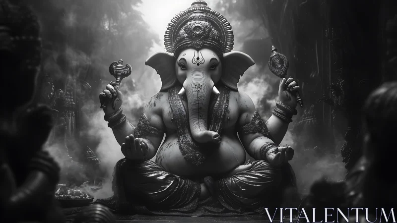 Elephant-headed deity statue sits in mist-filled temple space