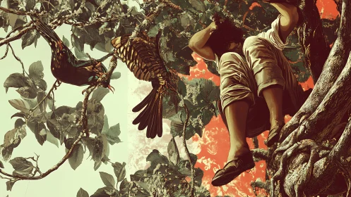 Tree-dream acrobat with bronze birds in split-sky jungle.