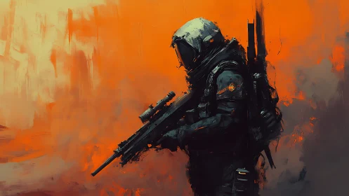 Lone space explorer moving through glowing orange mist.