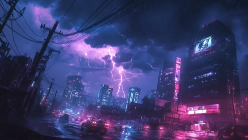 Neon city street ignites under a violent purple lightning storm