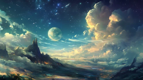 Cloud kingdoms rise while twin skies cradle a dreaming moon