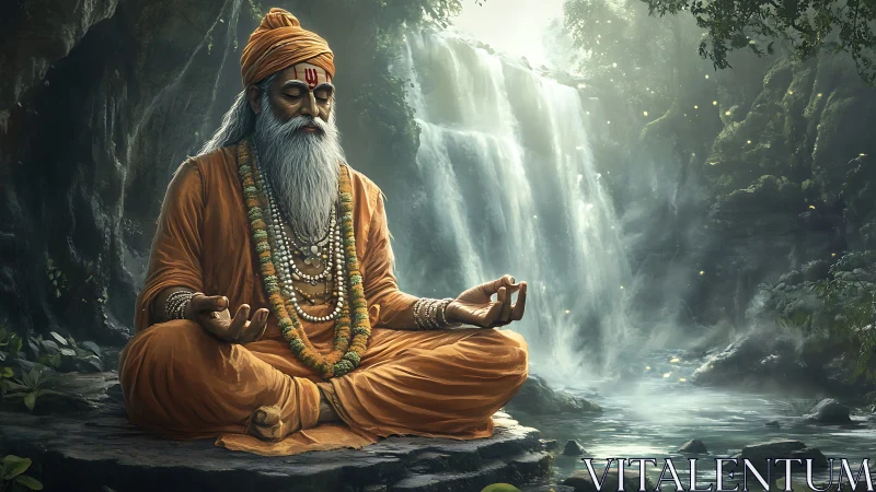 Serene sage in orange robes quietly meditates by a waterfall