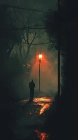 Solitary figure under foggy lamplight on wet night street.