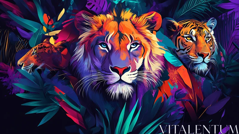 Chromatic Felidae Triumvirate: Neon-Saturation Rendered Big Cats.
