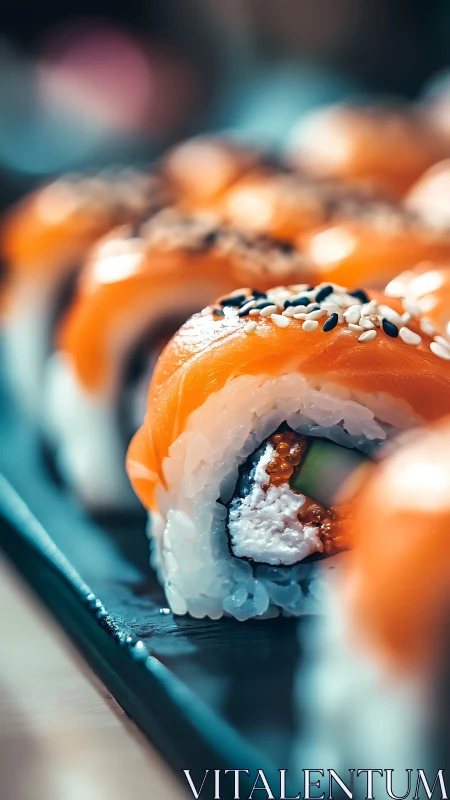 Macro food photography of salmon sushi rolls in shallow focus.