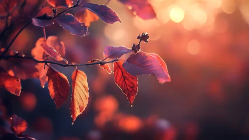Glowing autumn leaves rest gently in the soft evening light
