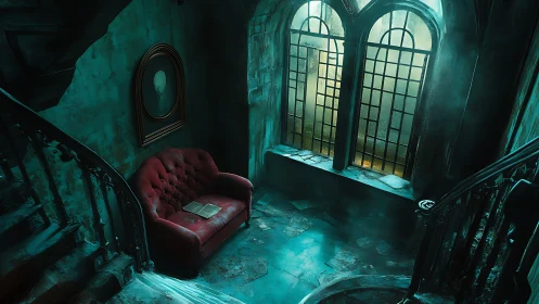 Velvet ghost sofa brooding beneath misted cathedral windows.