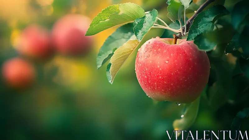 Sunlit orchard jewel, dewy red apple in soft green hush.