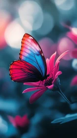 Blue and red butterfly on pink flower in soft focus field.