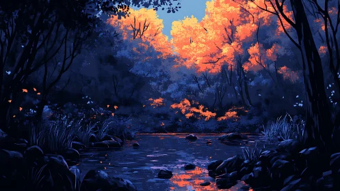 Forest Stream at Dusk with Autumn Fire and Dark Water