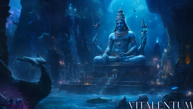Cosmic blue deity meditates in a glowing undersea cavern realm