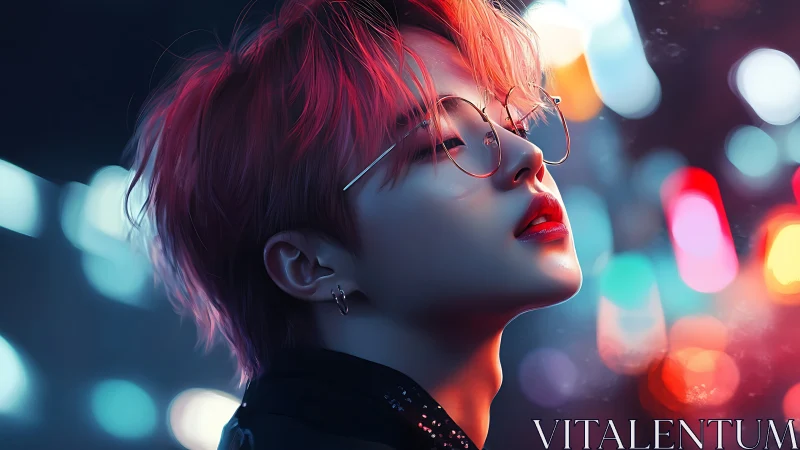 Neon side-lit portrait of red-haired youth with glasses at night