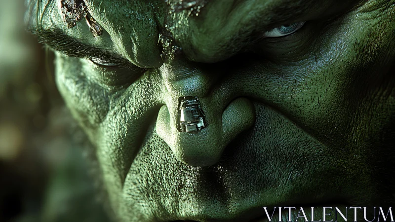 Close view of green humanoid face with small robot on nose.