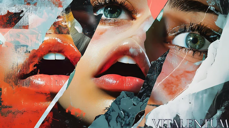 Fragmented composite of female face details in layered collage.