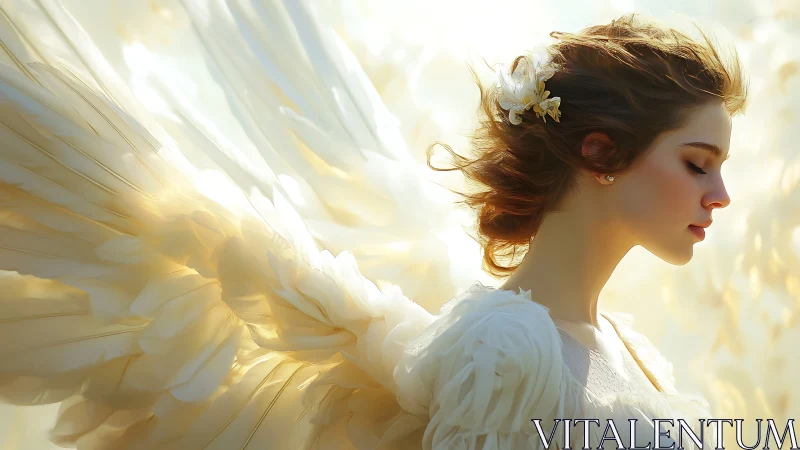 Winged woman in side profile stands amid bright soft light