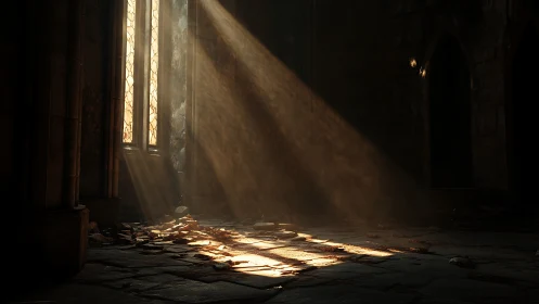 Sunlight across dust and debris in empty stone hall.