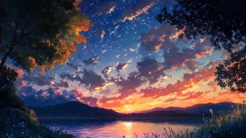 Star-kissed lakeside sunset wrapped in gentle twilight calm.