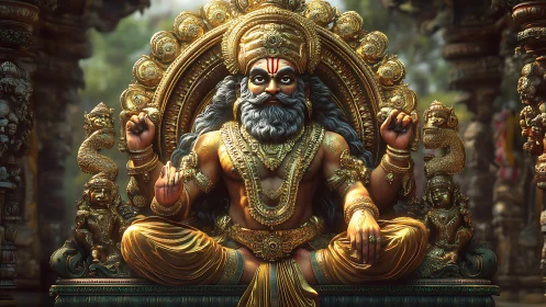 Ornate golden sage deity on lotus throne, hyper-detailed render.