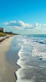 Sunlit shoreline curves toward distant coastal high-rises