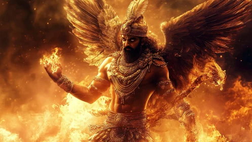 Winged fire demigod rises amid molten inferno blaze.