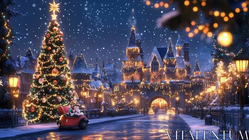 Snowy Christmas castle glows under festive lights at night