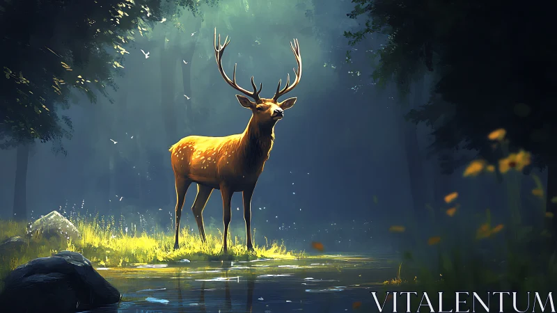 Sunlit stag pauses beside a quiet forest mirror of water.