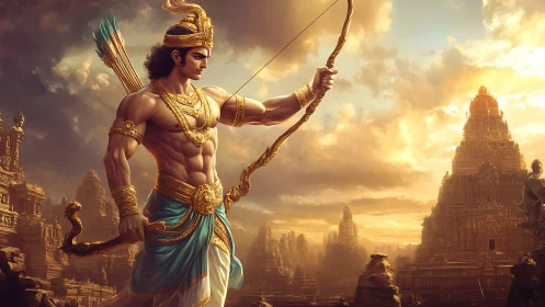 Mythic archer stands before detailed temple city at sunrise