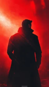 Lone figure in trench coat confronts a storm of red light