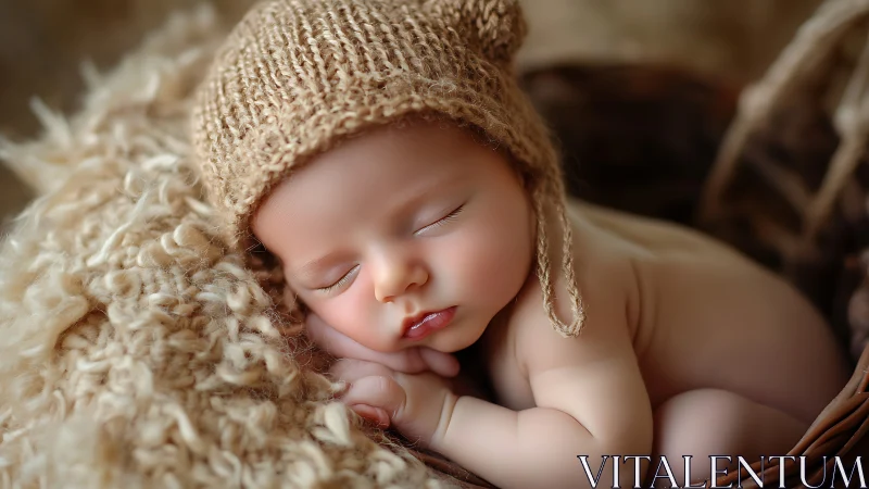 Peaceful Newborn Sleeping in Knitted Bonnet.