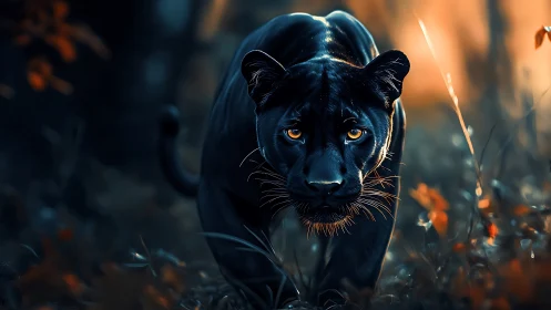 Black panther walks through golden-lit forest undergrowth